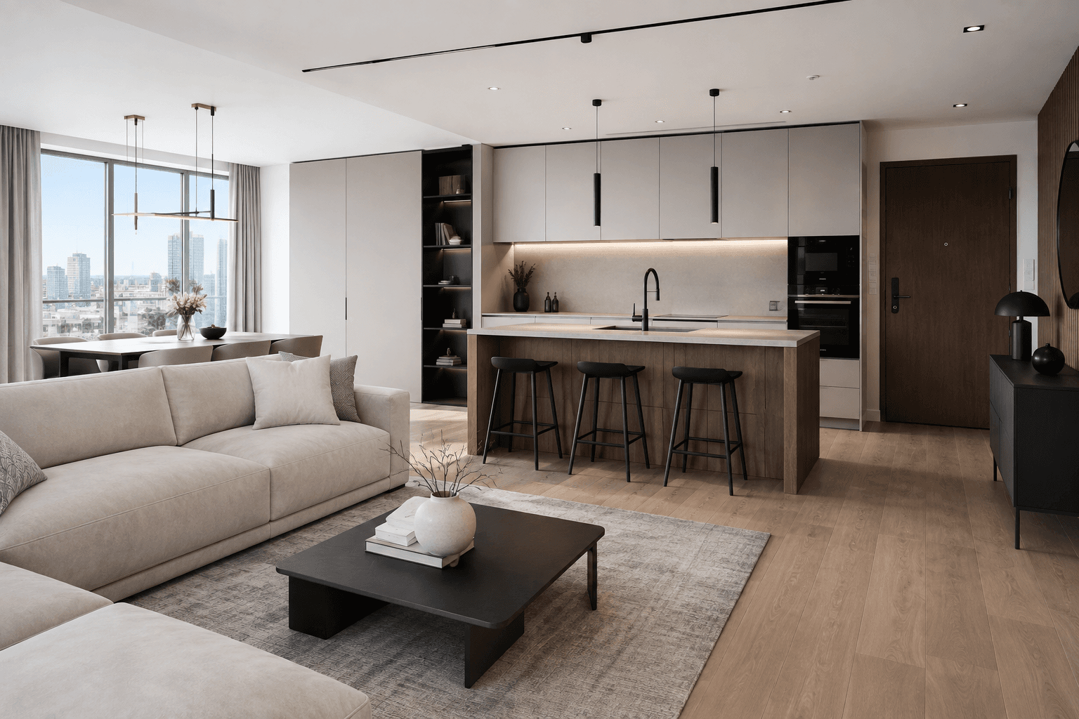 Bright apartment interior with a kitchen, island and custom-made built-ins