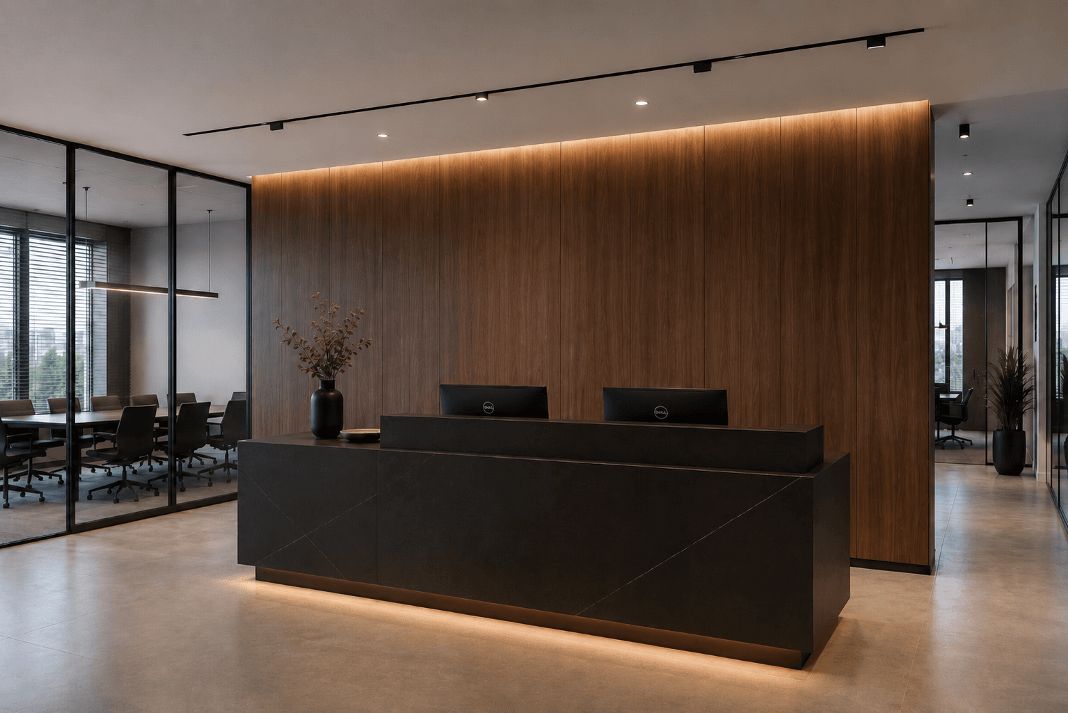 Reception area in a commercial space with custom-made furniture