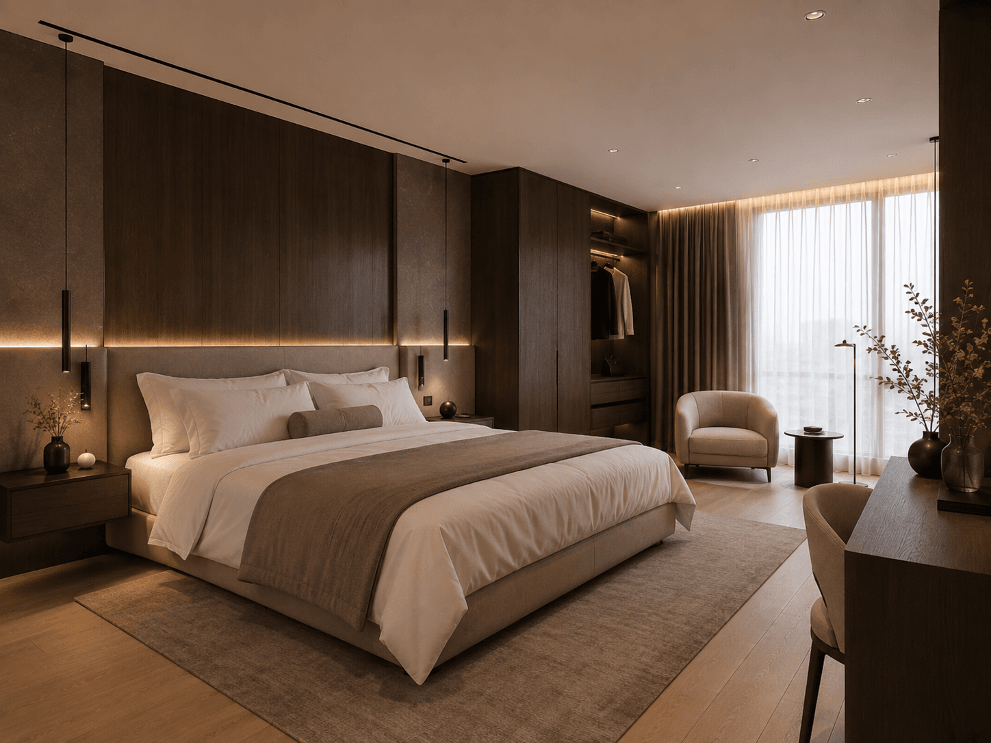 Hotel room with wooden built-ins, headboard and lighting