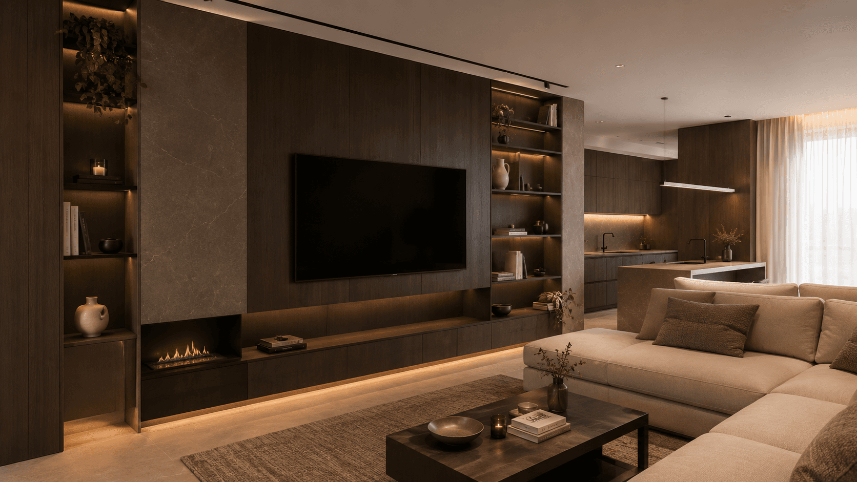 House interior with extensive dark-wood built-in furniture
