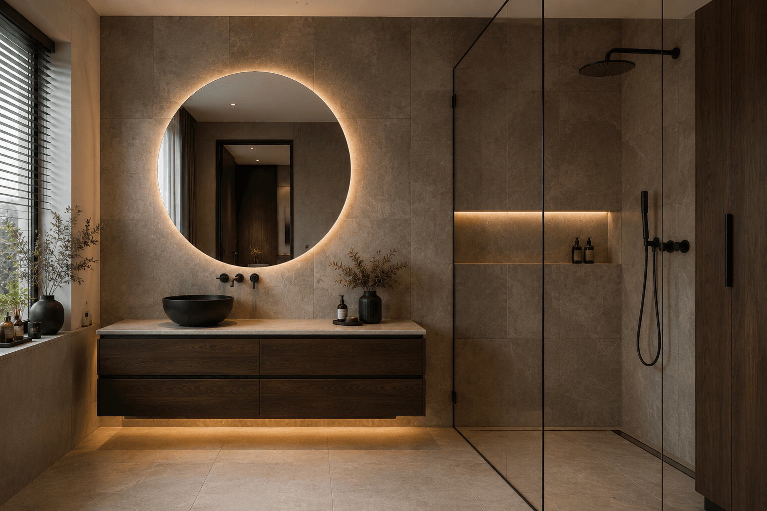 Bathroom with a wall-hung vanity unit and tall built-in furniture
