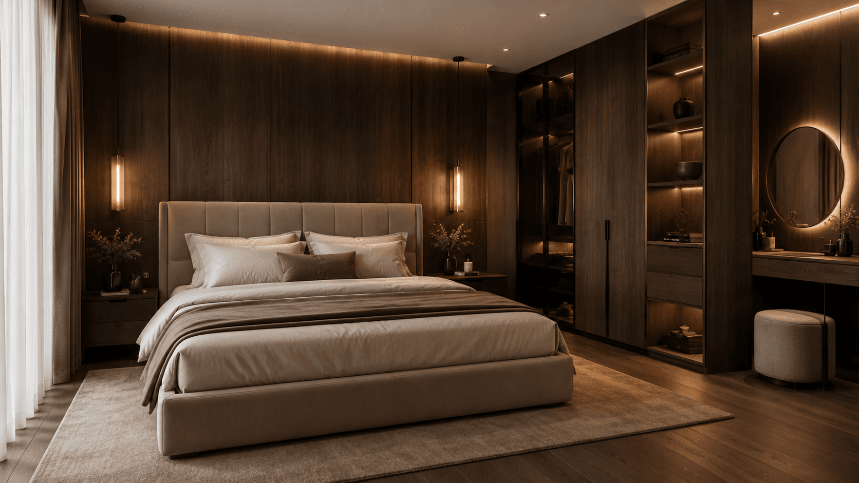 Bedroom with an upholstered bed, wooden built-ins and a dressing table