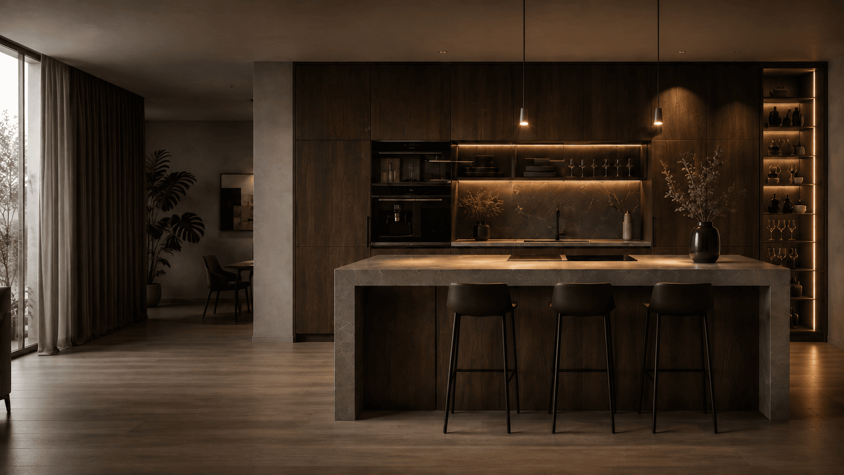 Custom-made kitchen with dark fronts and a stone island