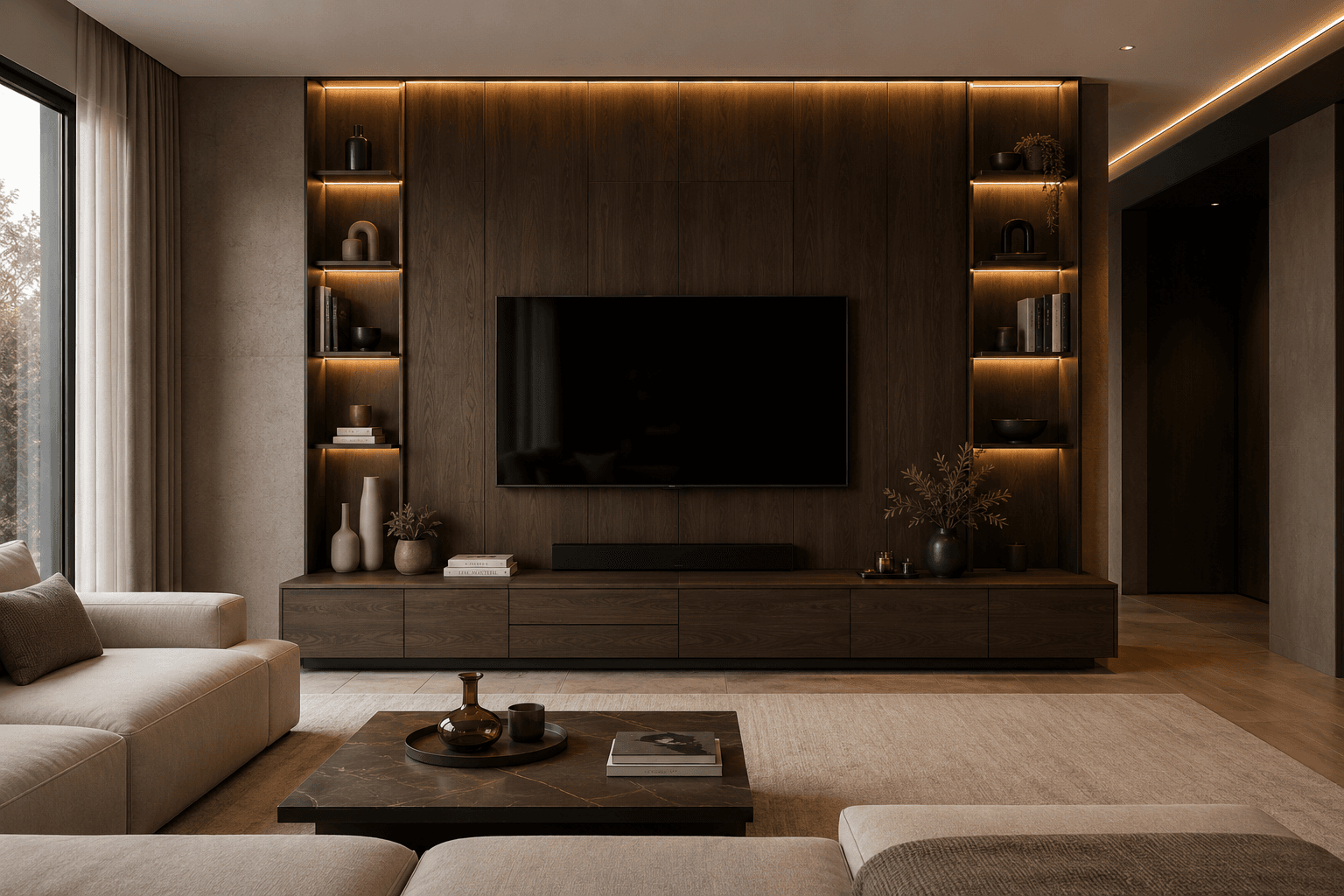 Living area with a TV unit and illuminated shelving