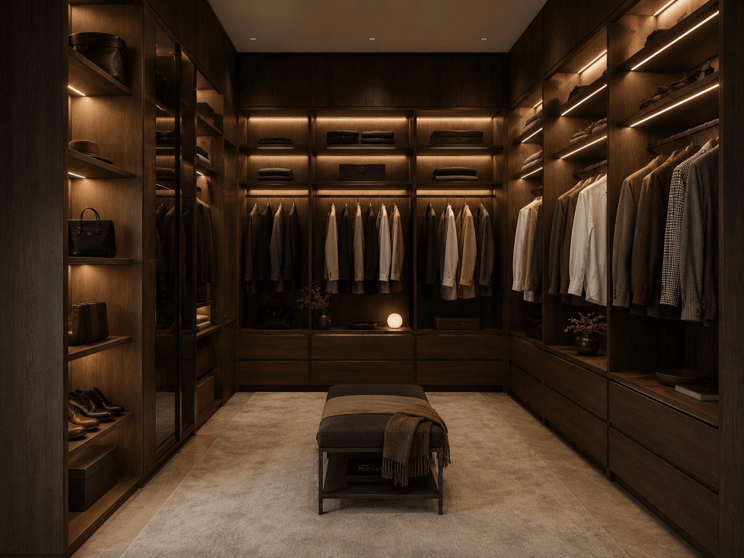 Custom-made wardrobe with illuminated shelves and dark-wood built-ins
