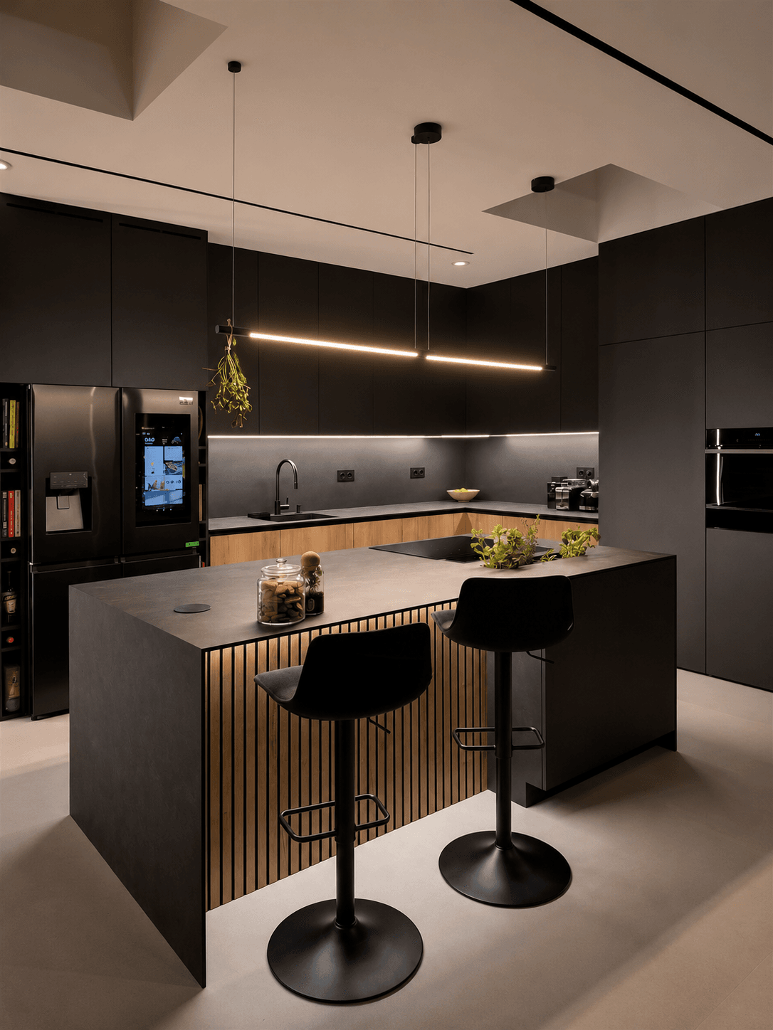 TAVARO custom-made kitchen with dark fronts and a lit island